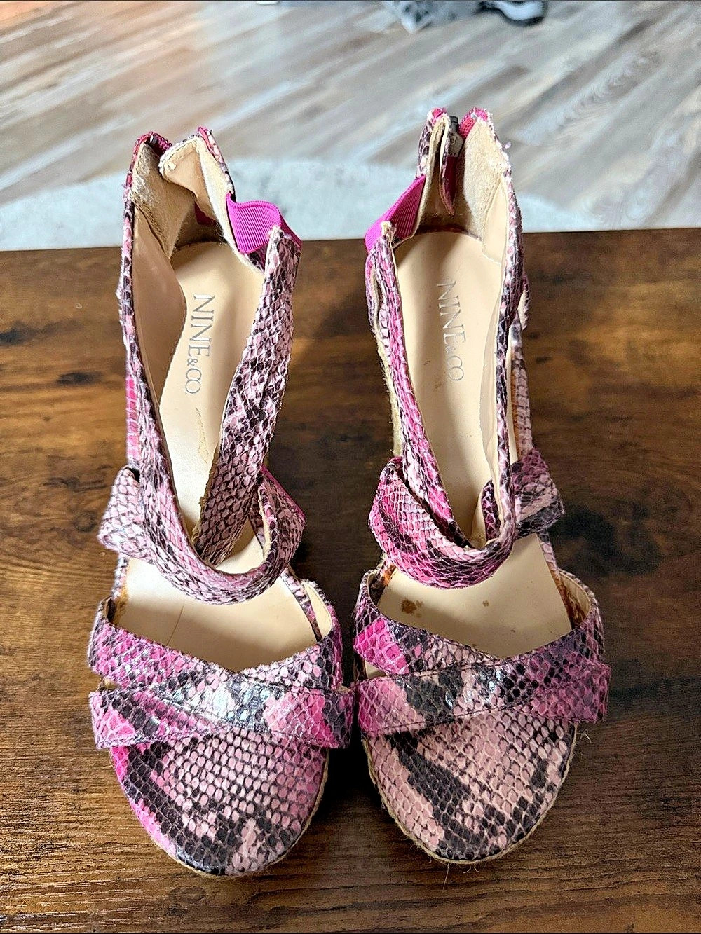 Nine & Co. Pink & Black Animal Print Wedge Sandals US 8.5